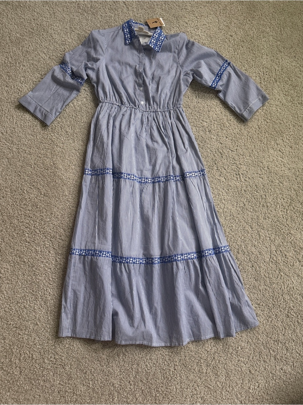 Blue Striped Maxi Dress with Embroidered Trim
